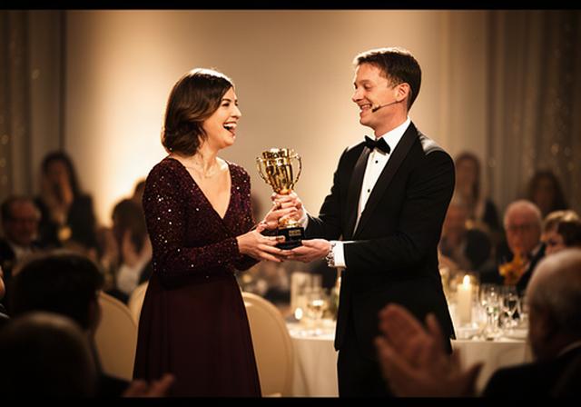 Guest receiving an award under soft stage lighting at a formal Leicester dinner