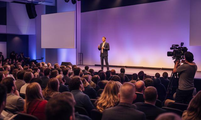 Conference speaker addressing a full audience while an operator captures the event in Leicester