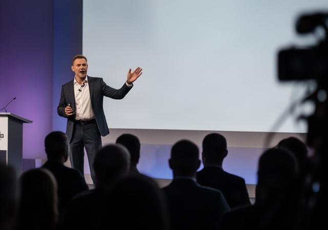 Conference speaker gesturing towards a presentation screen during a recorded keynote