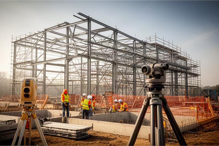 Construction team working beside a steel frame as a time-lapse camera records the project site