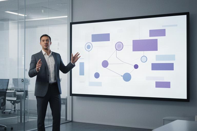 Consultant presenting an animated process diagram on a large office screen