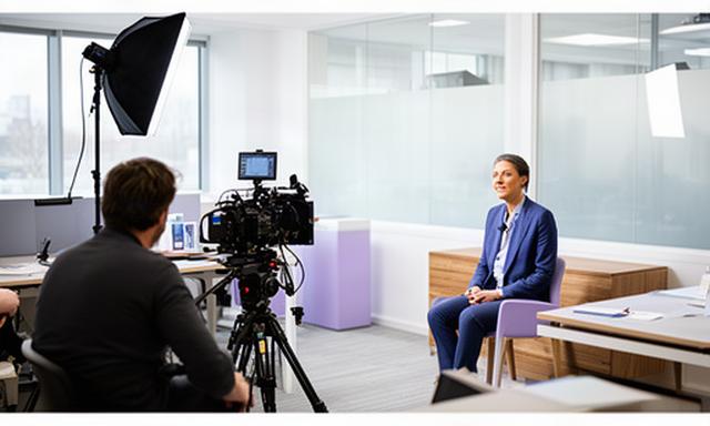 Film crew recording a business leader in a bright modern Leicester office