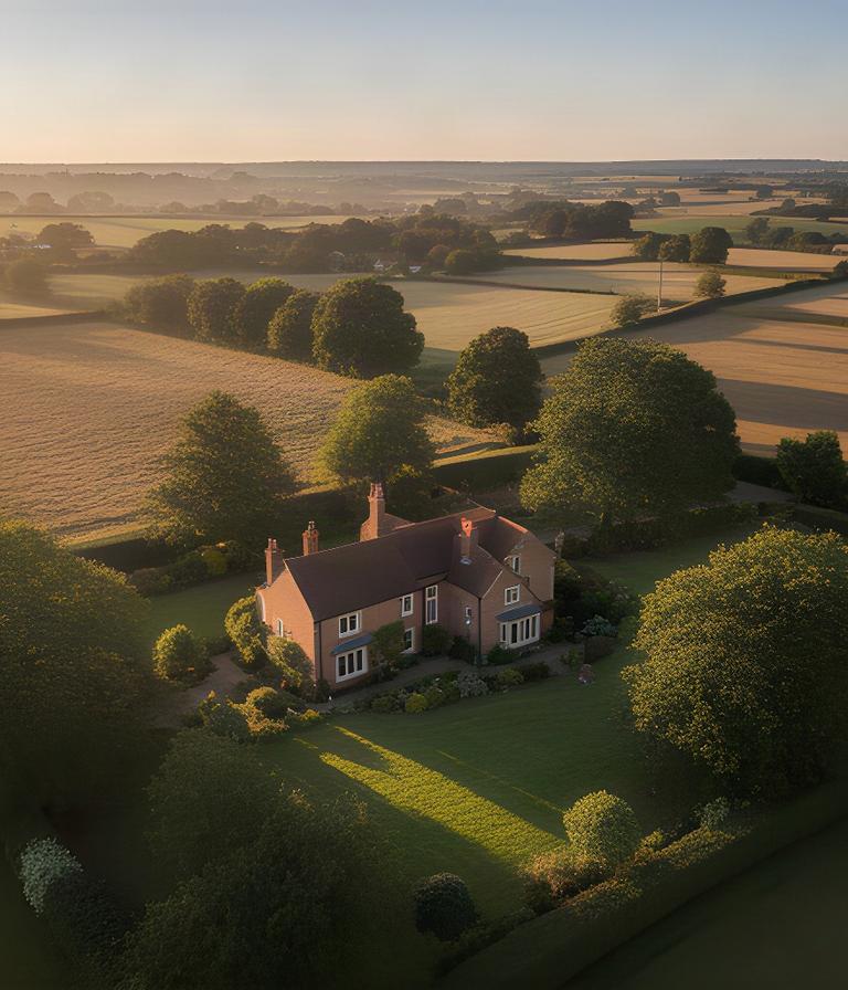 Aerial view of a detached property, garden and surrounding Leicestershire countryside at golden hour