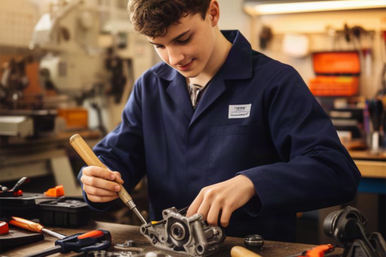 Young engineering apprentice working with tools in a Leicester workshop