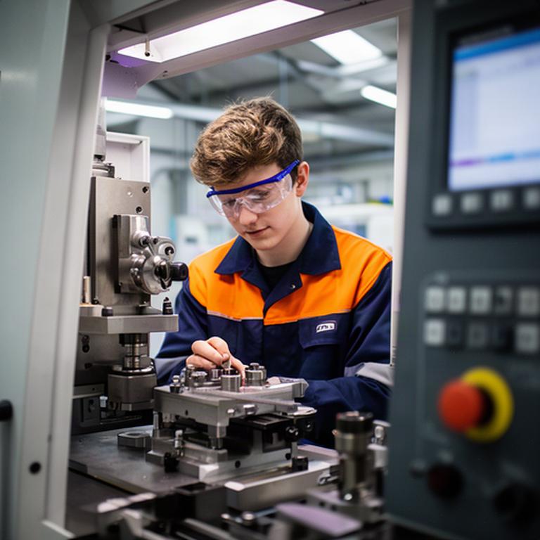 Engineering apprentice inspecting precision equipment inside a Leicestershire factory