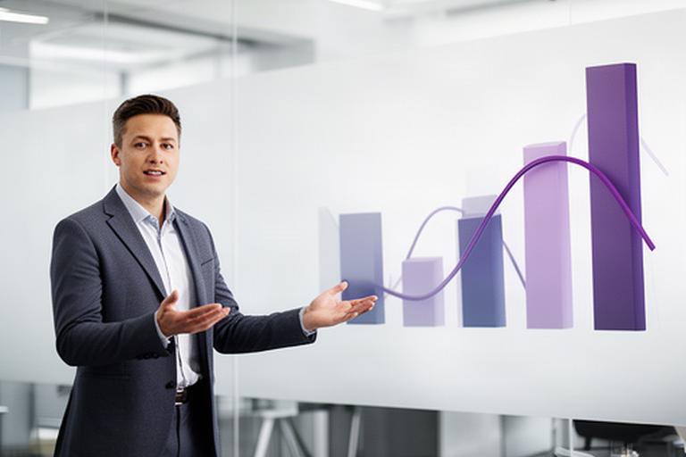 Financial adviser presenting beside animated charts in a modern office