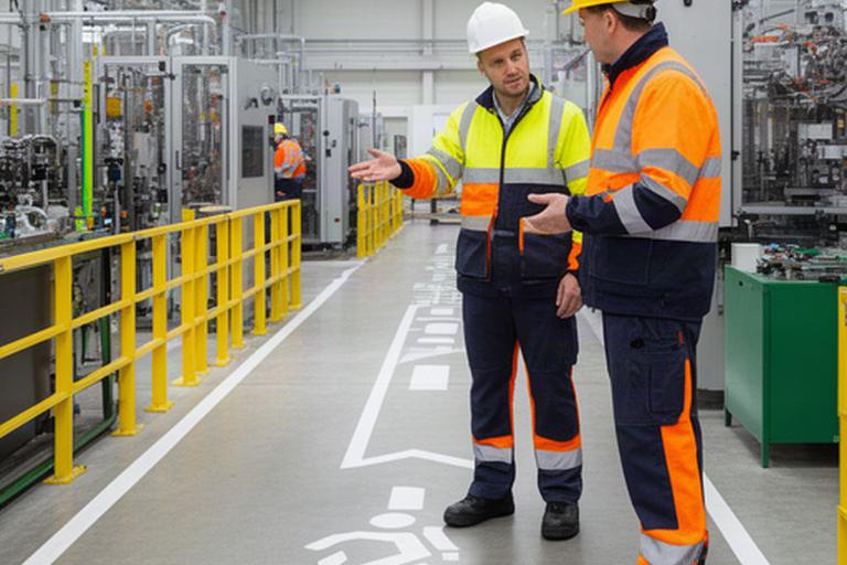 Factory supervisor explaining a marked safety route to a worker wearing high visibility clothing