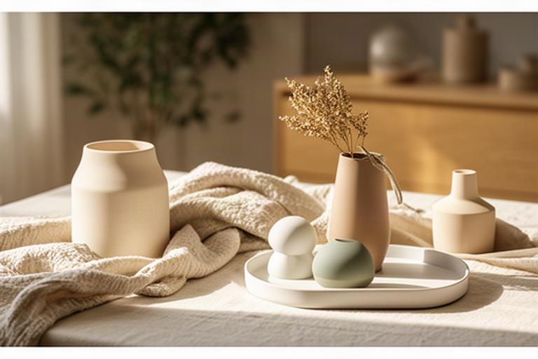 Neutral homeware products styled on a sunlit table for a social campaign