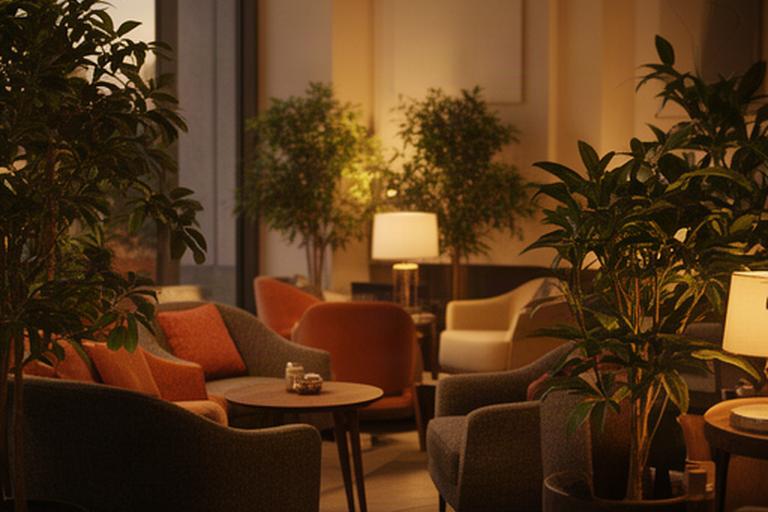 Warm hotel lounge with armchairs, plants and evening light in Leicester