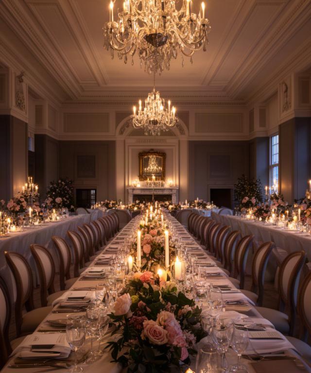 Elegant wedding venue dining room prepared for an evening reception in the East Midlands