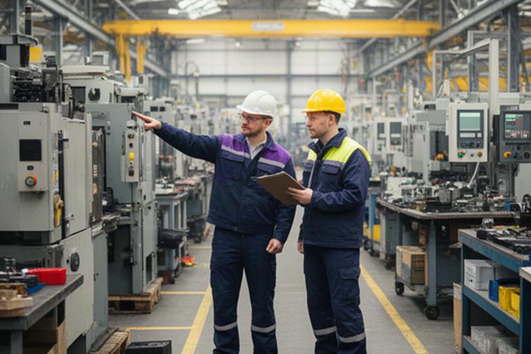 Engineers reviewing machinery on a factory floor in Leicestershire