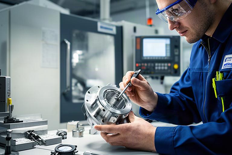 Precision machining technician checking a component under bright factory lighting