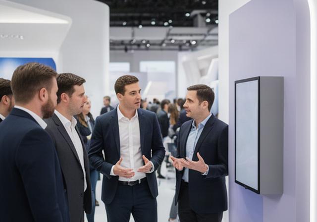 Product launch team speaking with guests beside a branded display at an exhibition venue