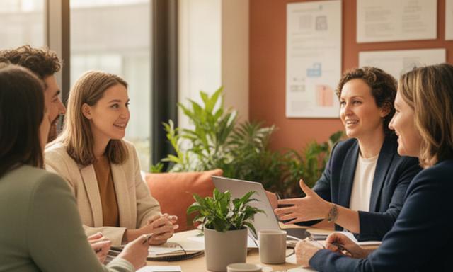 Recruitment consultants collaborating around a table in a warm modern workplace
