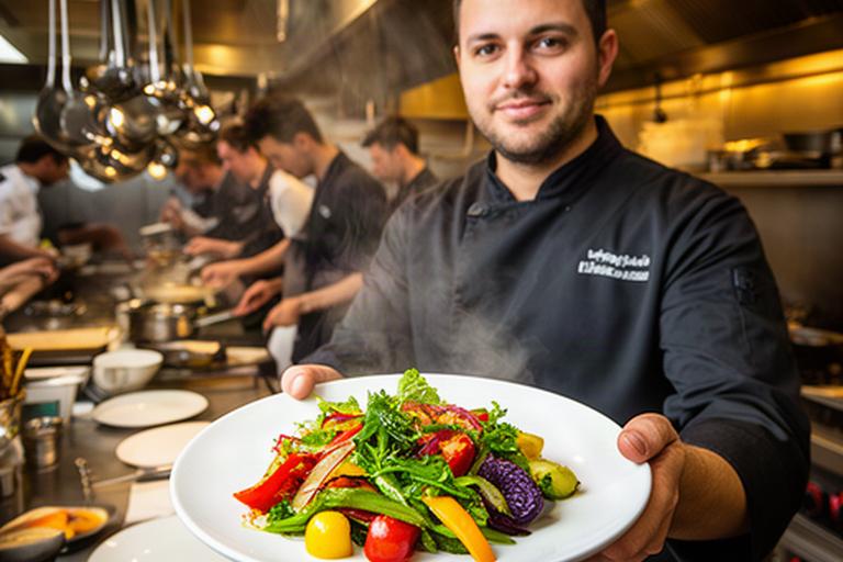 Chef presenting a colourful seasonal dish in a busy modern restaurant kitchen