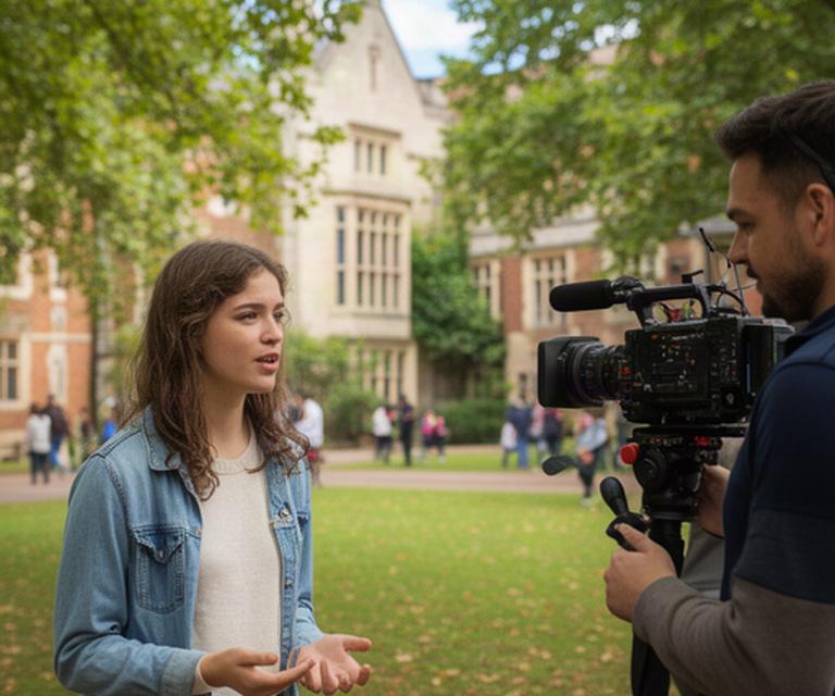 Student speaking with a camera operator beside a leafy college courtyard in Leicester
