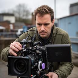 Kiernan Davern, lead camera operator, checking a cinema camera on a Leicester location