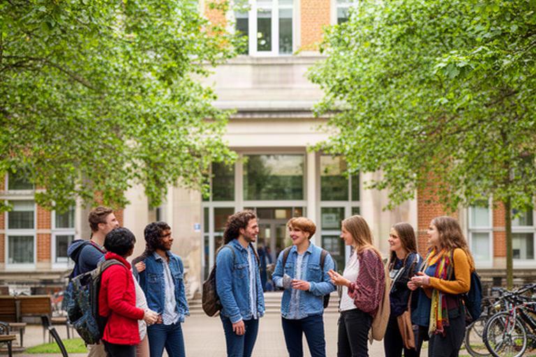 University students talking outside a leafy campus building in the Midlands