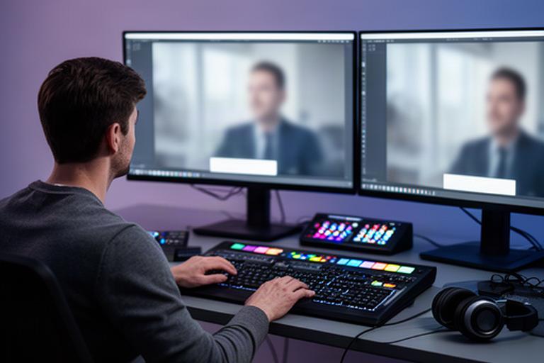 Editor working at a colour grading workstation with business interview footage on two monitors